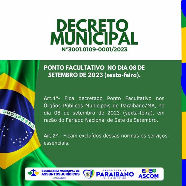 DECRETO MUNICIPAL  - PONTO FACULTATIVO DIA 8 DE SETEMBRO / 2023