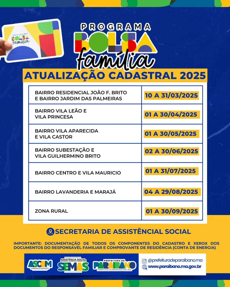 Secretaria de Assistência Social divulga tabela de atualização cadastral do Bolsa Família 2025