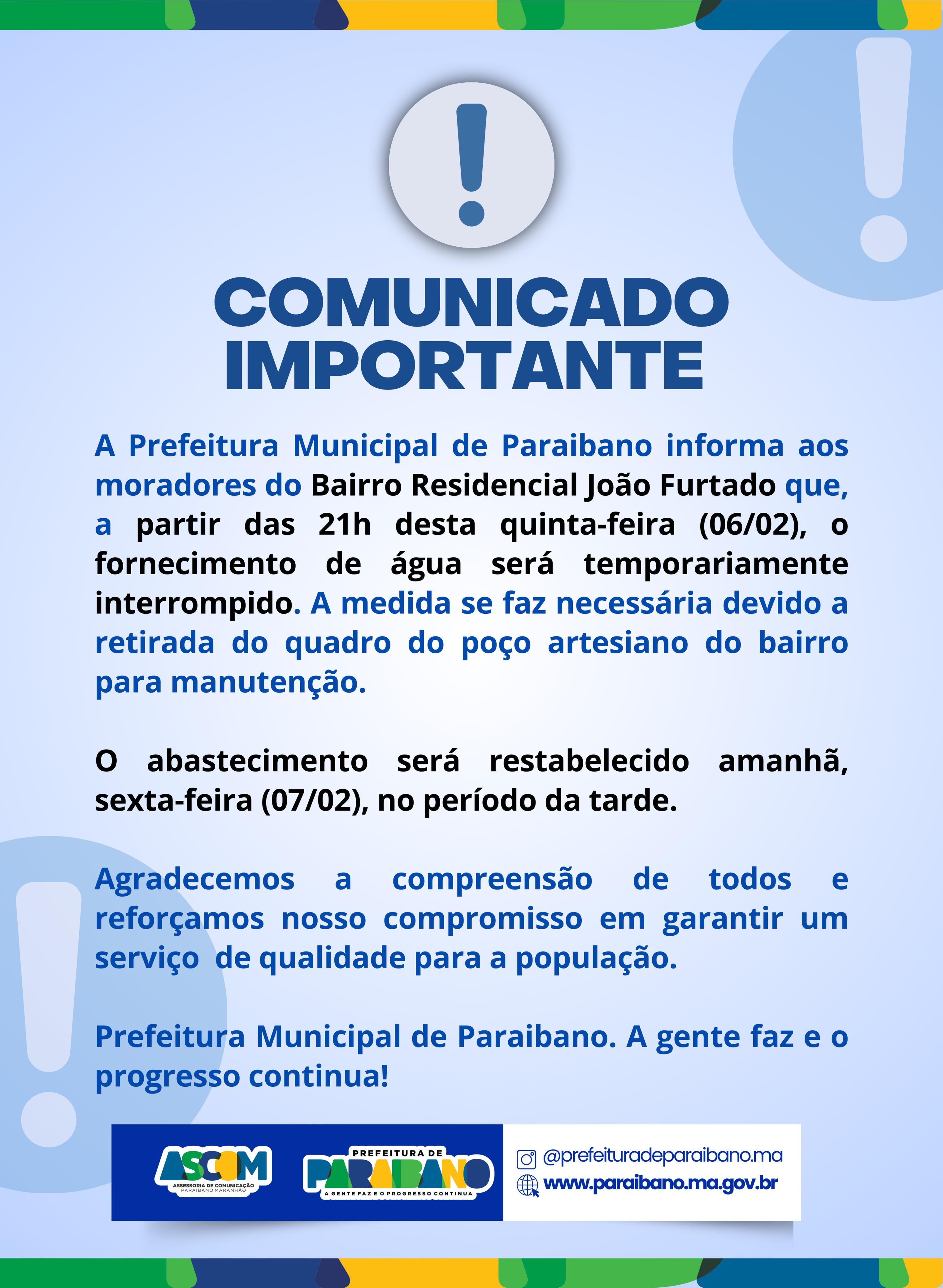 Prefeitura de Paraibano divulga comunicado importante.