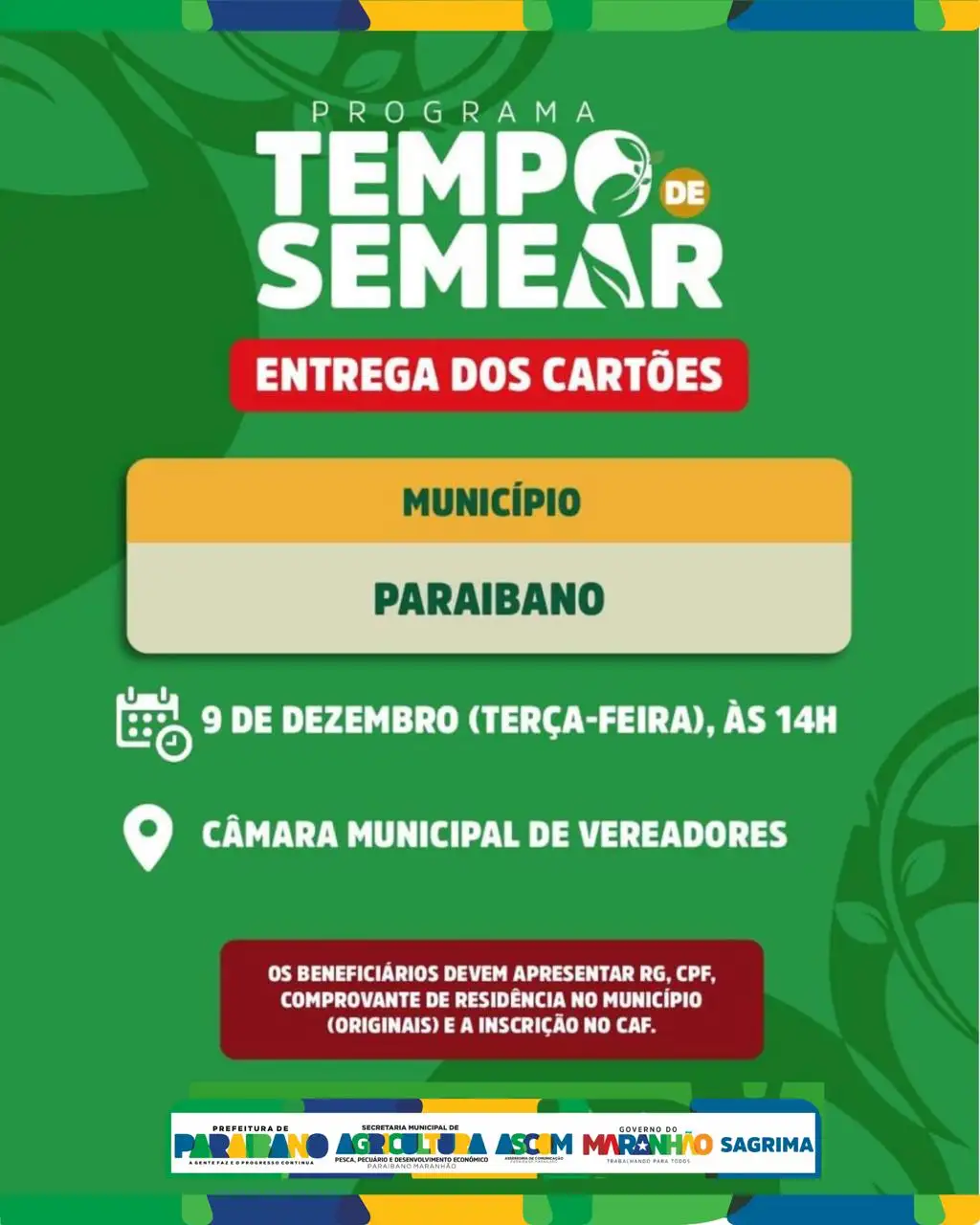 Prefeitura de Paraibano informa aos produtores rurais a data de entrega dos cartões do Programa Tempo de Semear