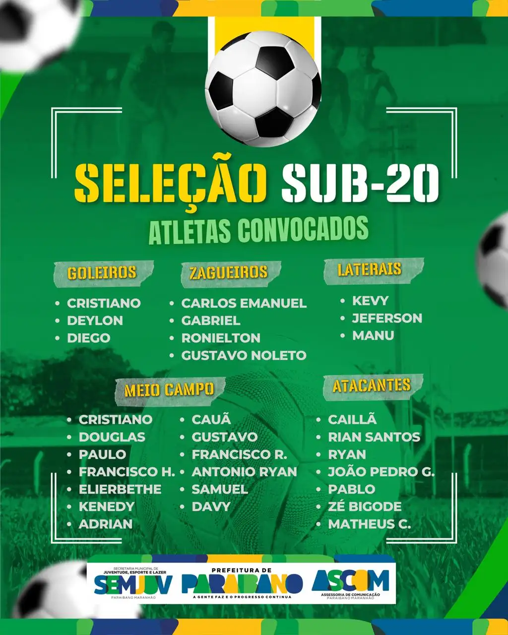 Prefeitura Municipal divulga lista dos atletas convocados para a Seleção Sub-20 de Paraibano.