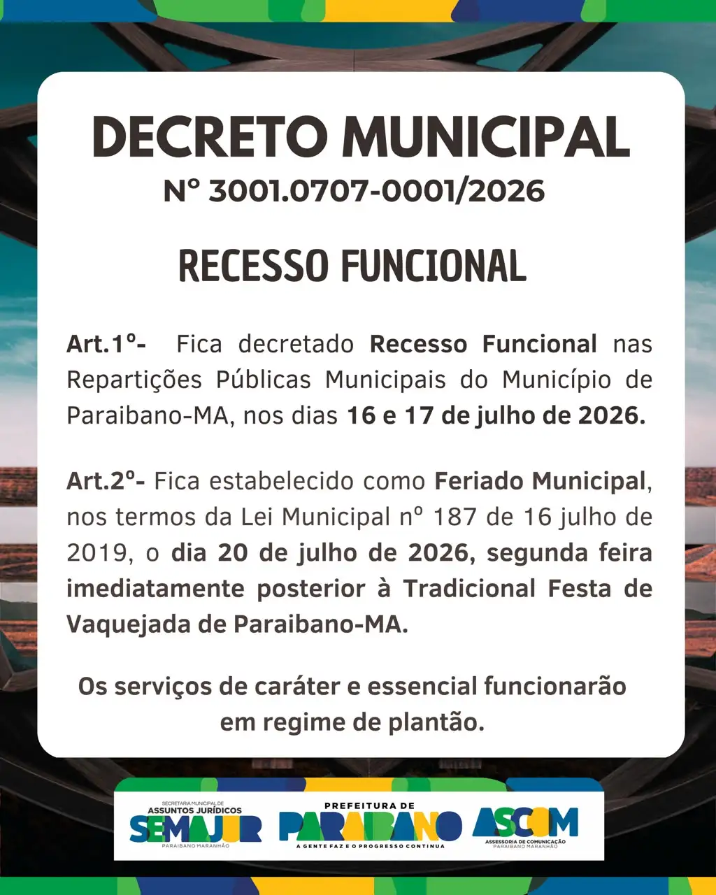Prefeitrua divulga decreto de Ponto Facultativo.
