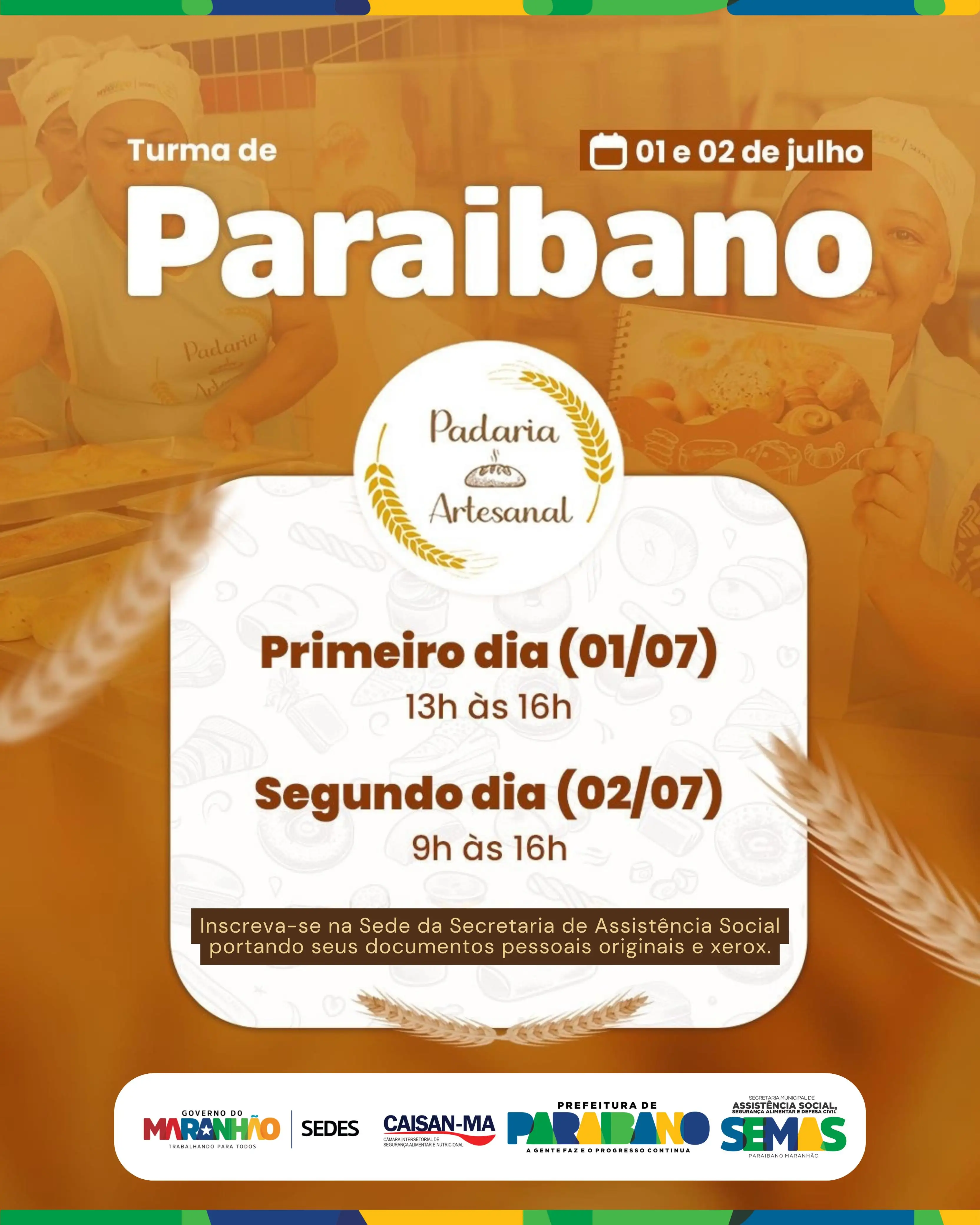 Prefeitura de Paraibano abre incrição para curso de Padaria Artesanal.