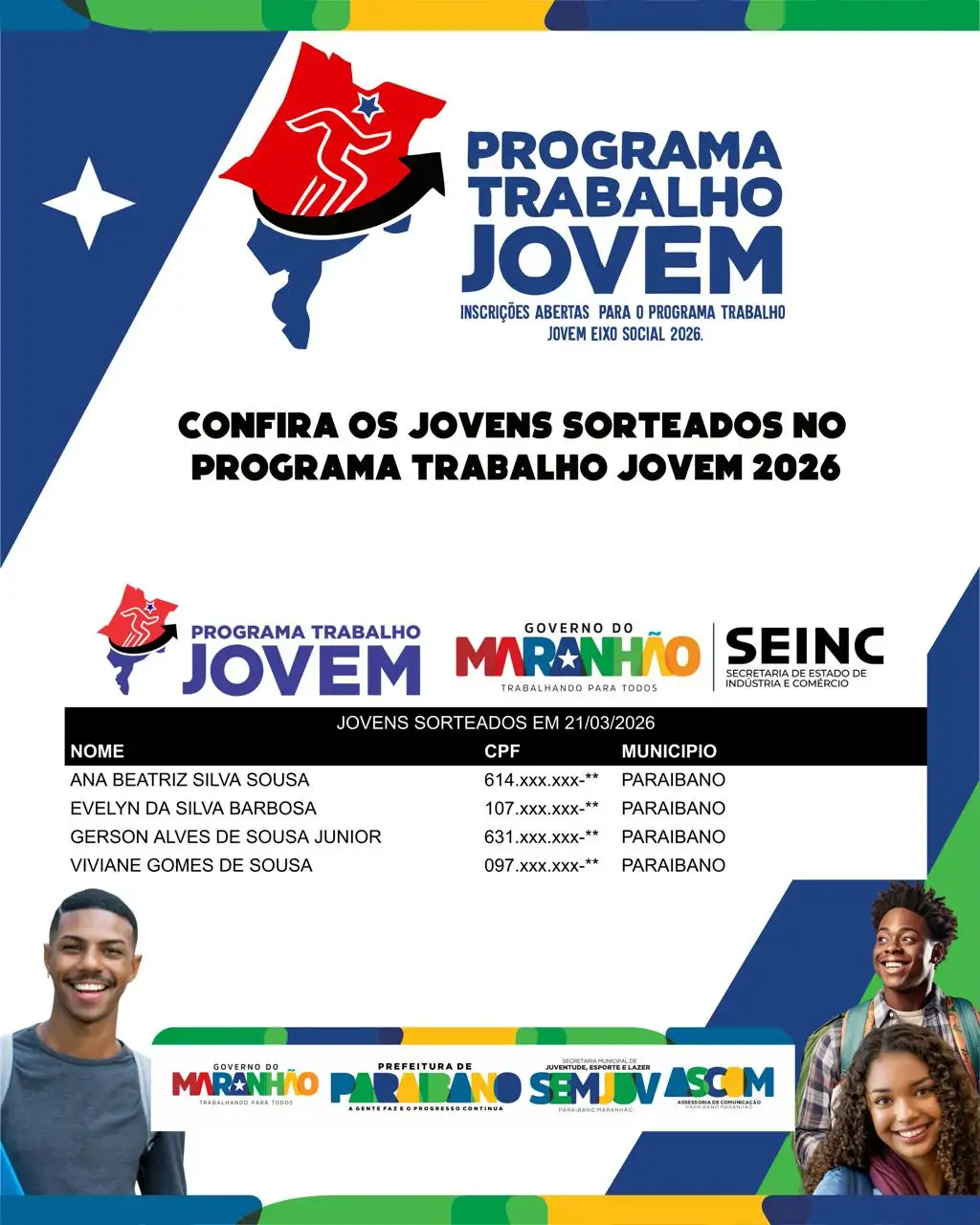 Prefeitura de Paraibano informa que já está disponível a lista dos jovens sorteados no Programa Trabalho Jovem 2026.