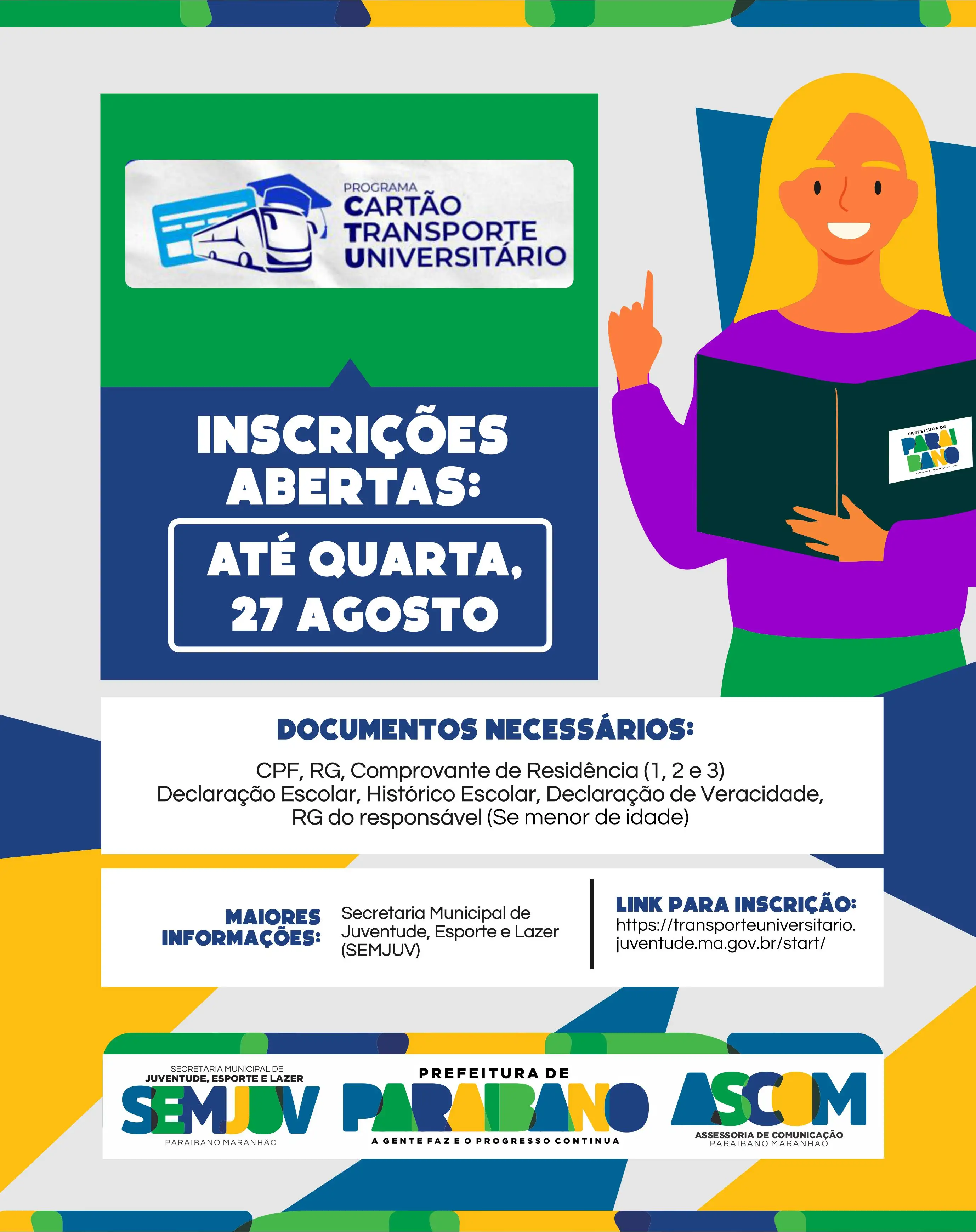 Prefeitura divulga inscrições para o Programa Cartão Transporte Universitário – 2025.2