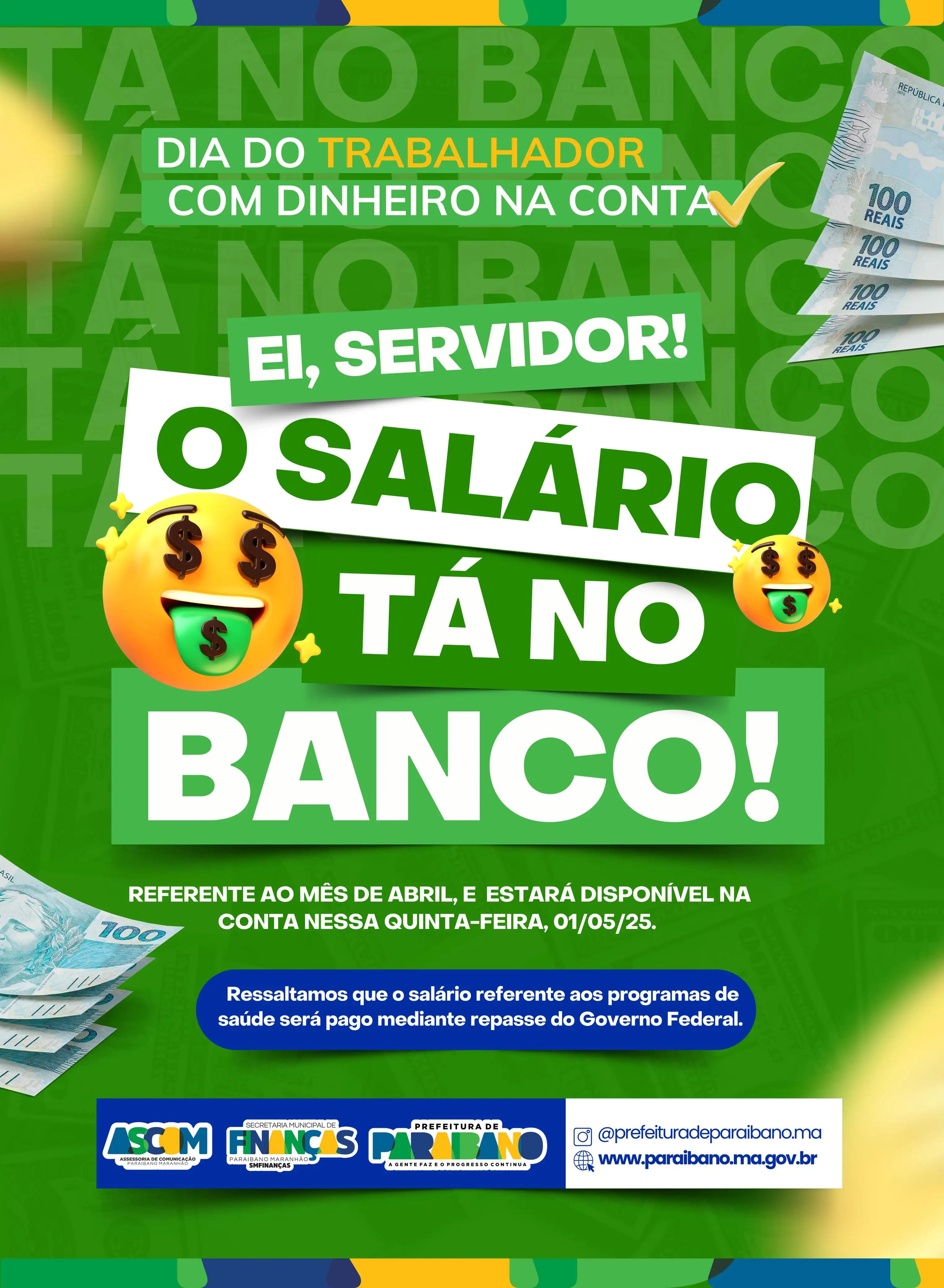 Prefeitura de Paraibano informa que o pagamento dos servidores do mês de abril