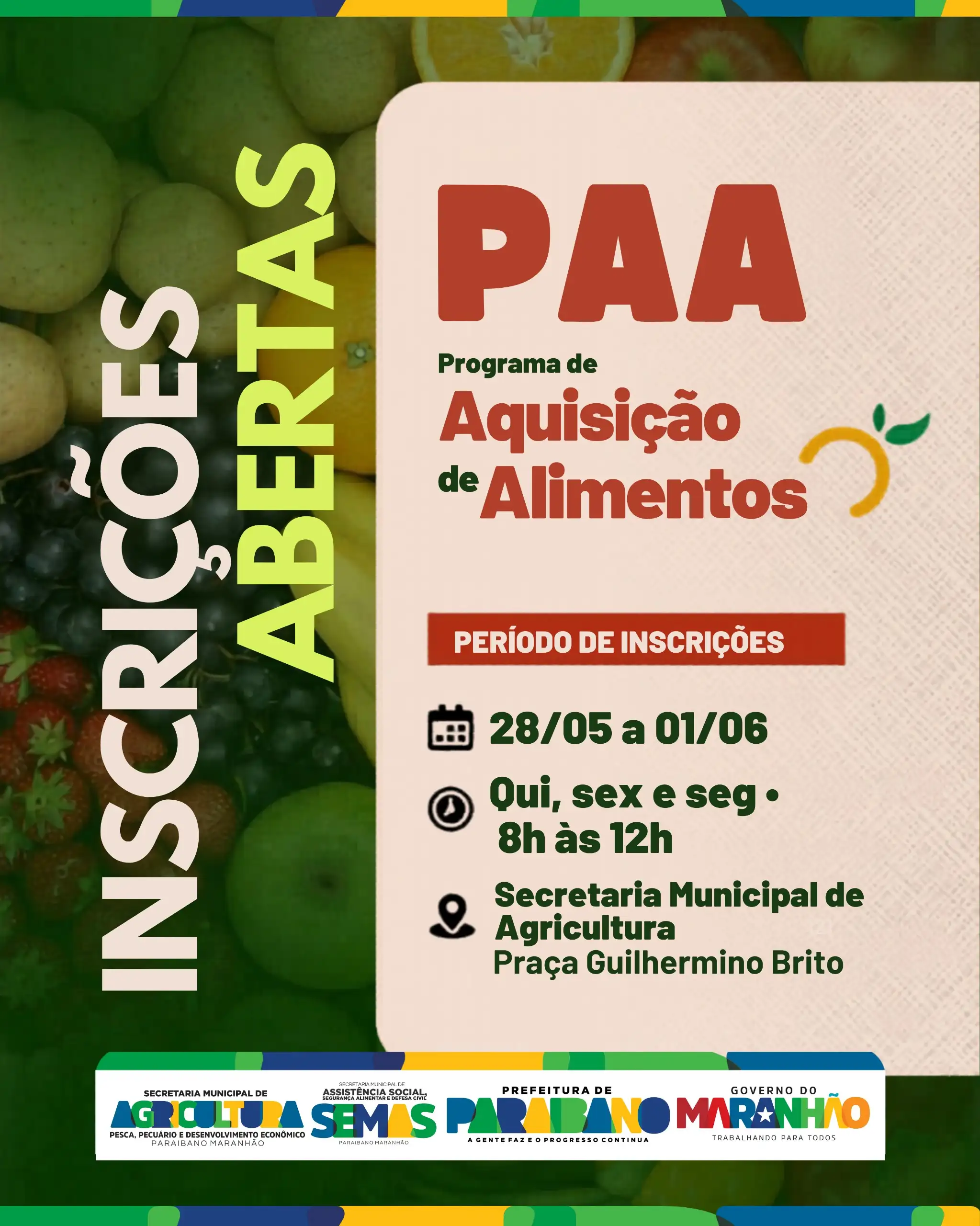 Prefeitura de Paraibano divulga abertura das inscrições para o Programa de Aquisição de Alimentos (PAA).