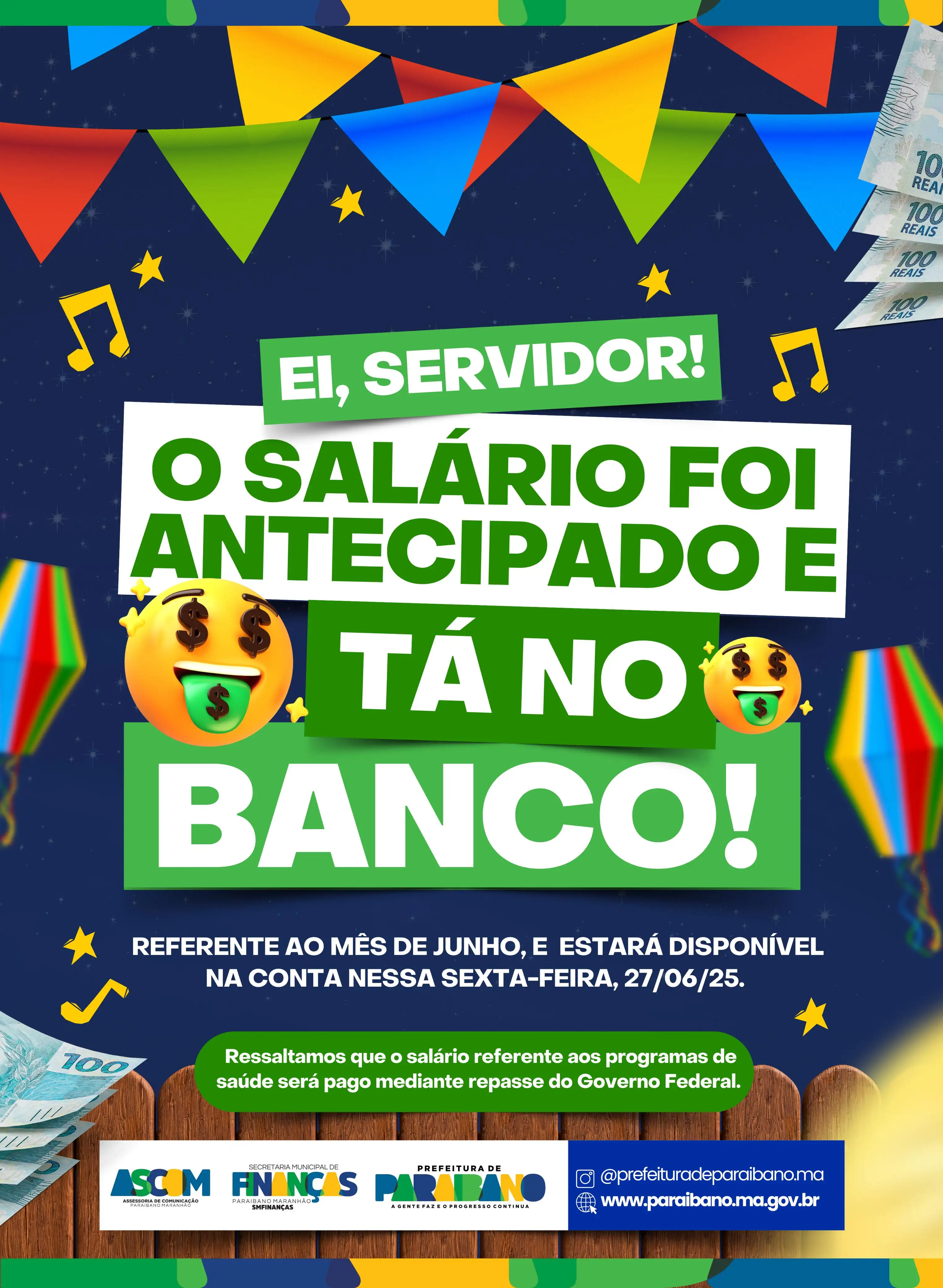 Prefeitura de Paraibano antecipa pagamento do servidores referente ao mês de junho.