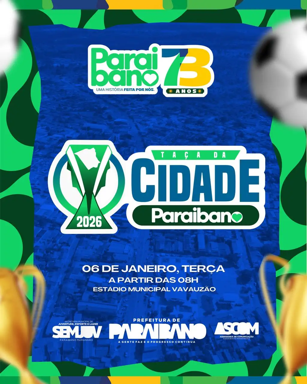 Prefeitura divulga torneio Taça da Cidade 2026, em alusão ao aniversário de 73 anos de Paraibano.