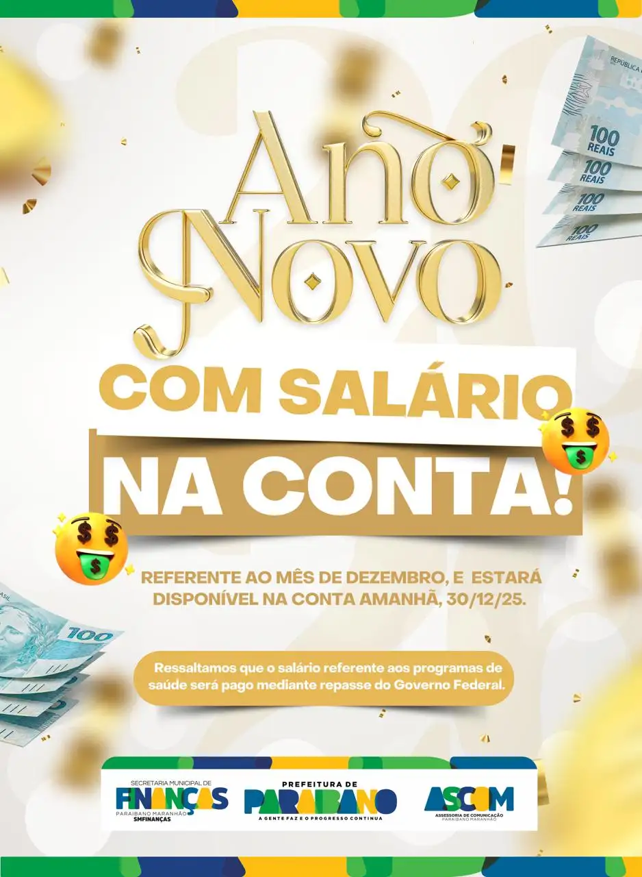 Prefeitura de Paraibano informa que o salário referente ao mês de dezembro está disponível na conta dos servidores.