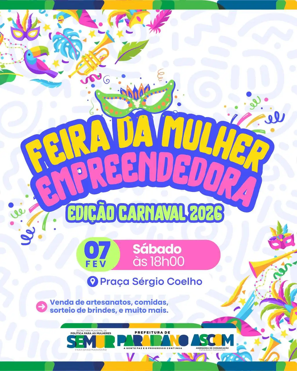 Prefeitura de Paraibano divulga Feira da Mulher Empreendedora – Edição Carnaval 2026.