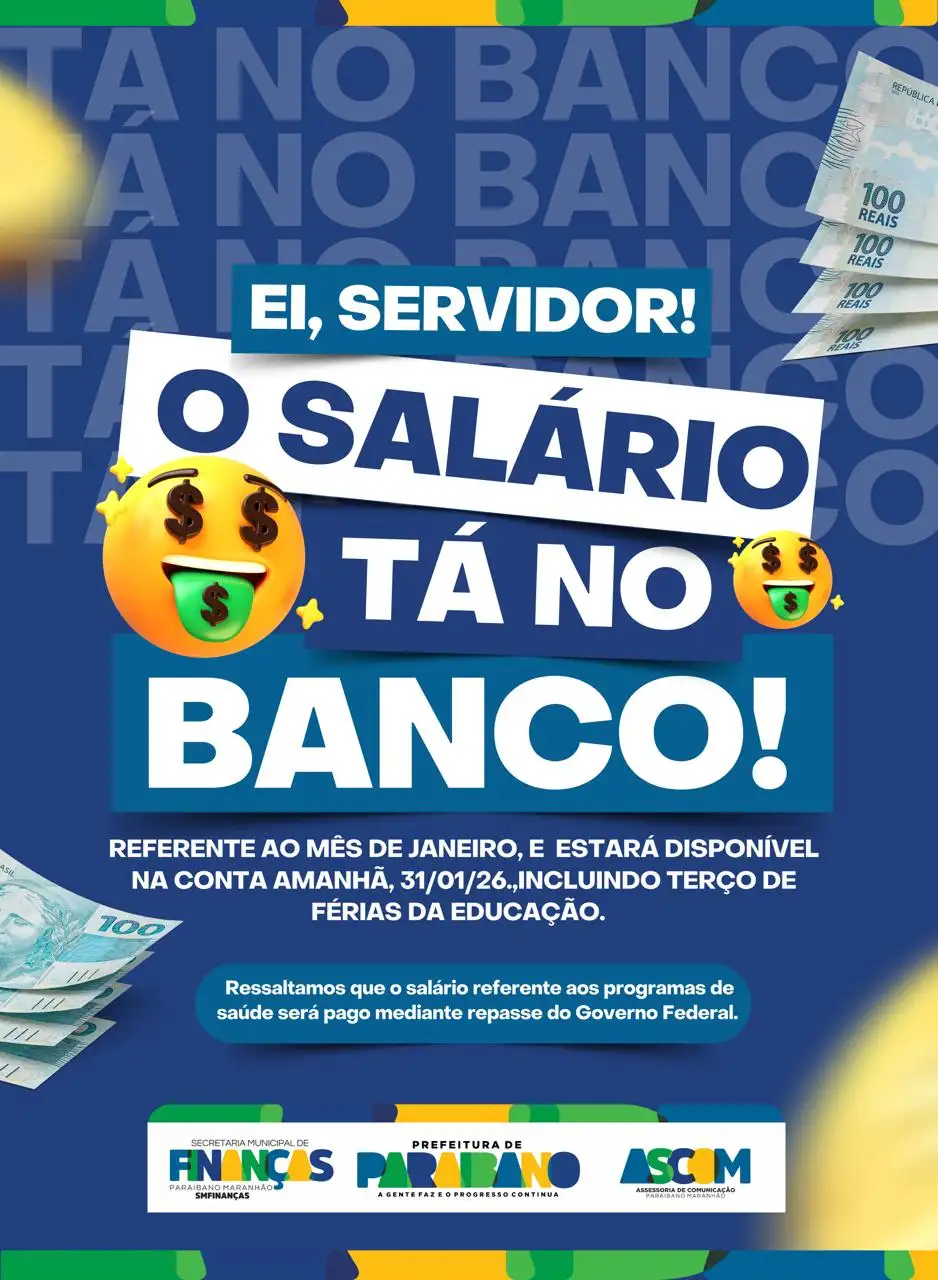 Prefeitura de Paraibano divulga que sálario de janeiro dos servidores ja está no banco.