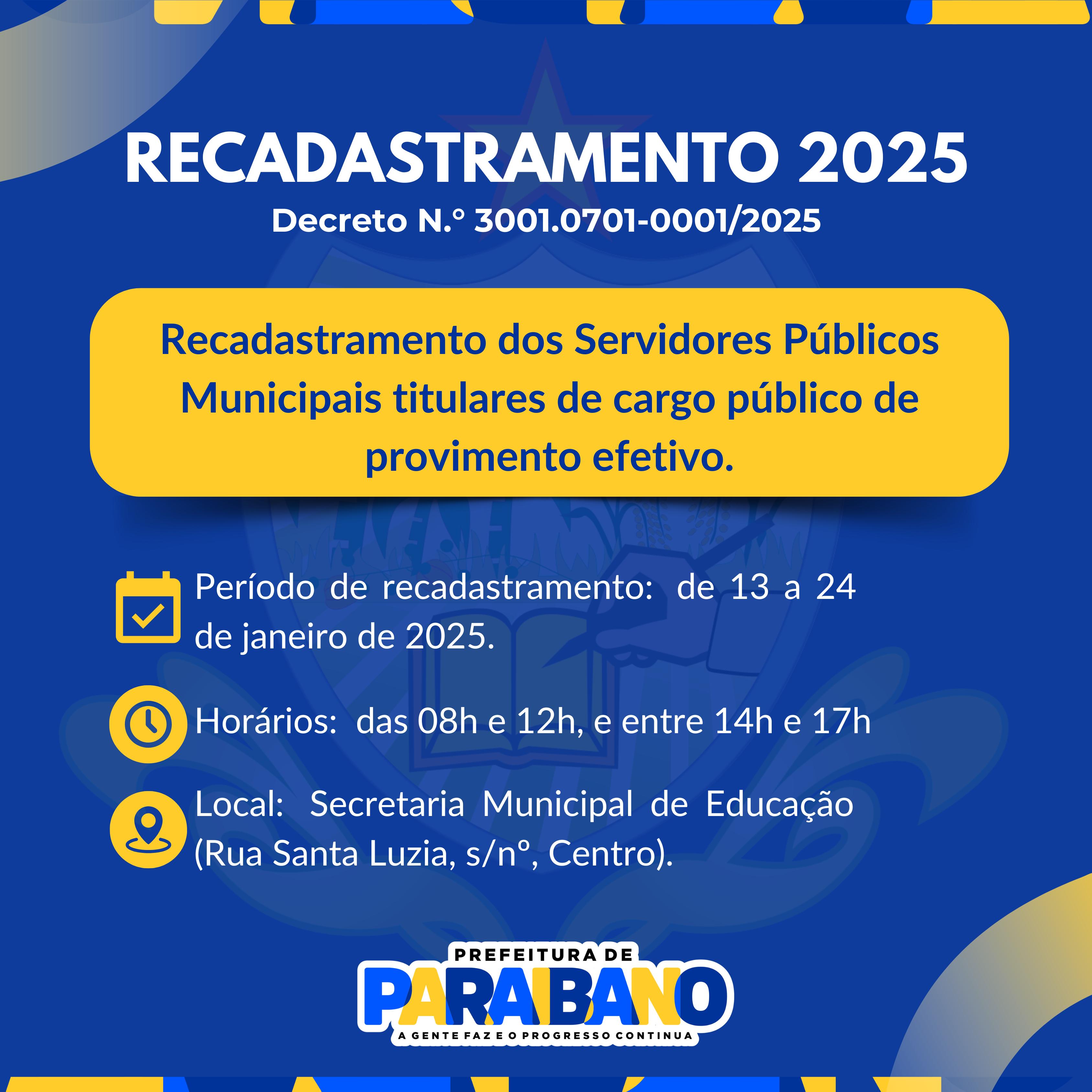 Prefeitura de Paraibano anuncia Recadastramento dos Servidores Públicos 2025.