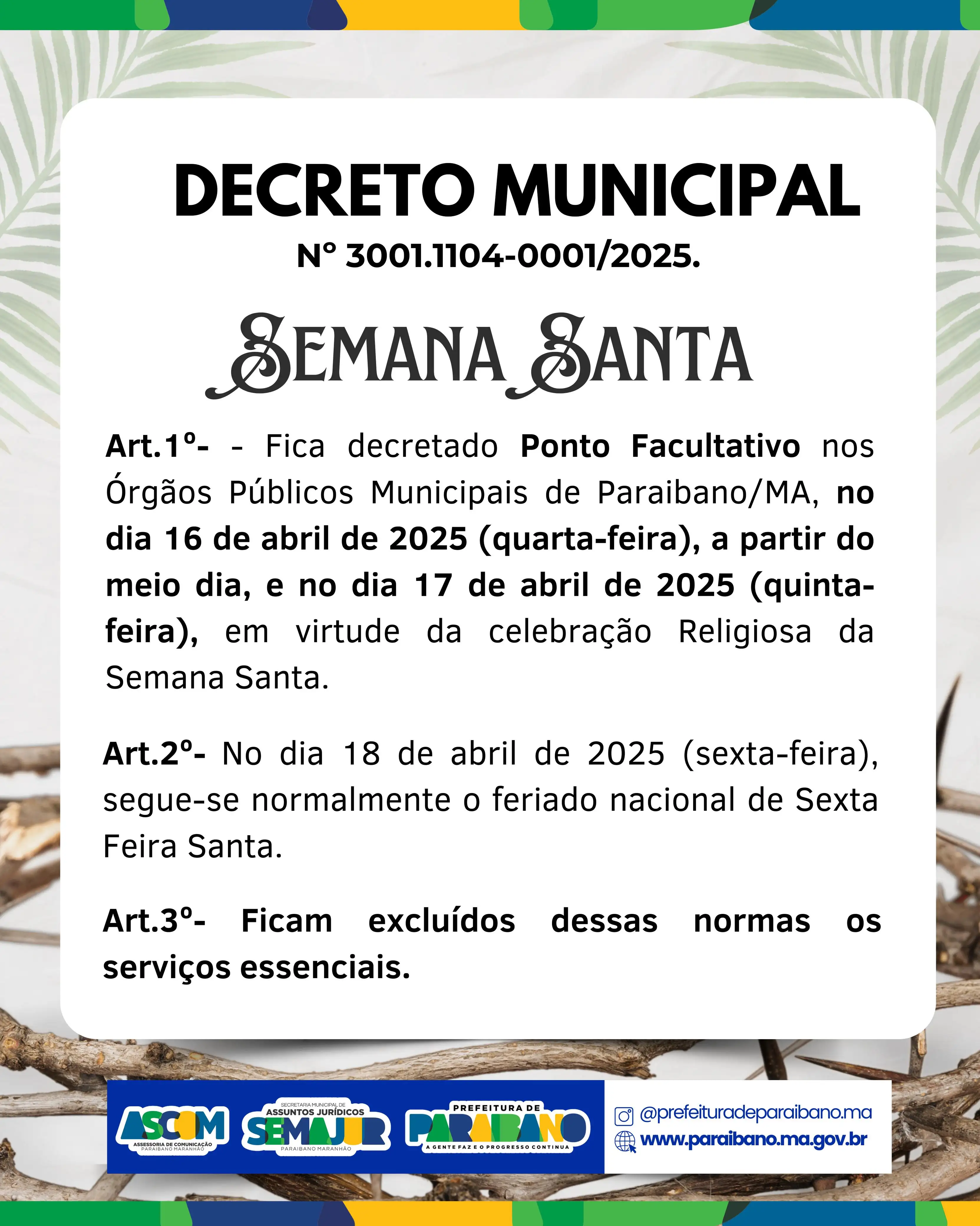 Prefeitura de Paraibano divulga decreto da "Semana Santa"