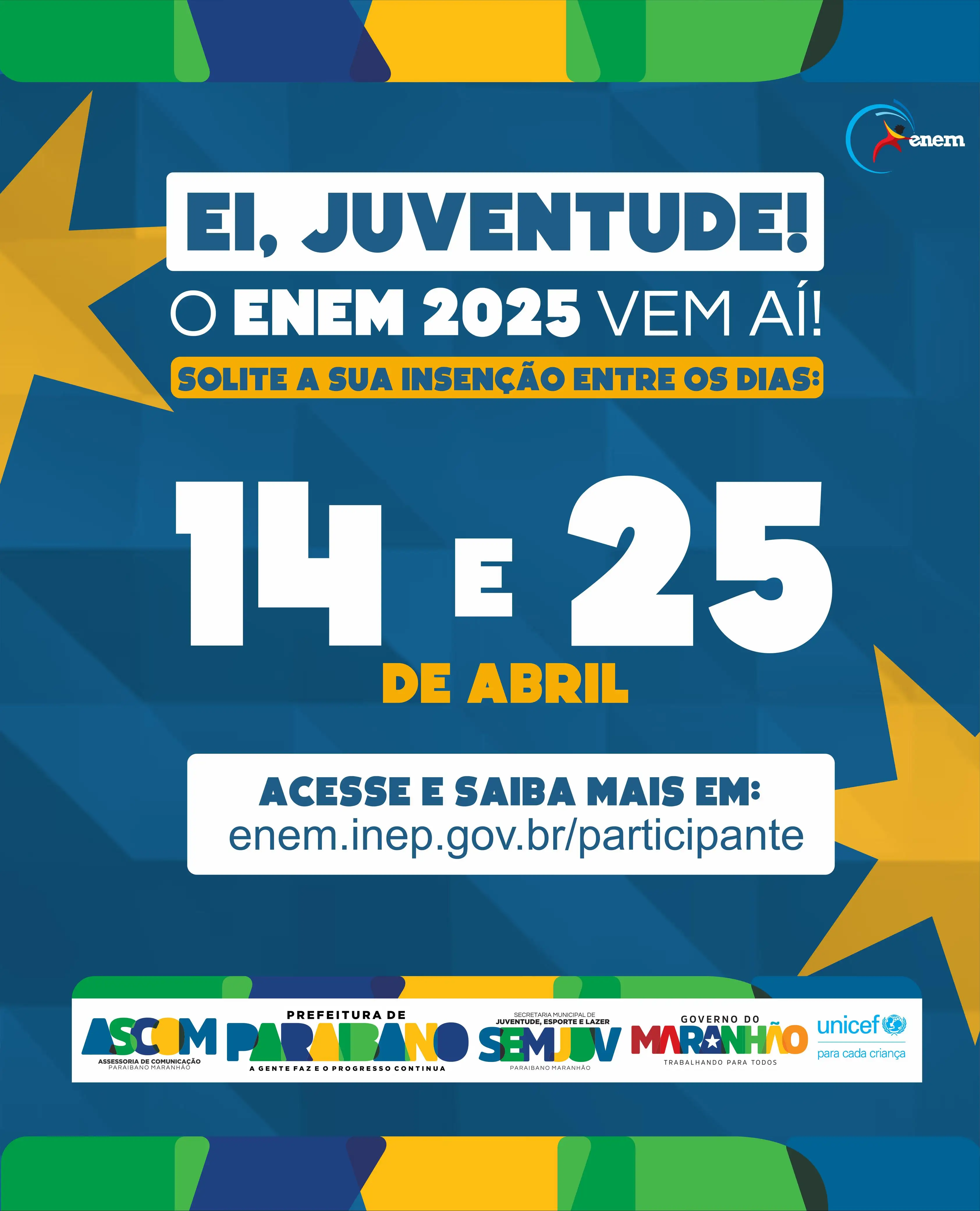 Prefeitura de Paraibano divulga datas para solicitar insenção no ENEM 2025