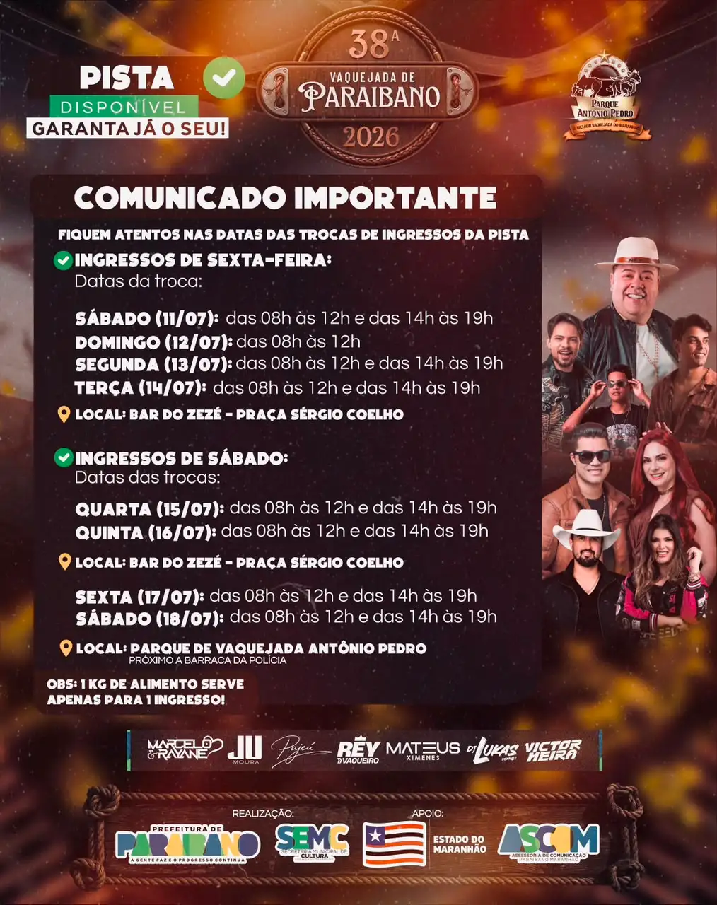 Governo Municipal divulga data das trocas dos ingressos de pista da 38º Vaquejada de Paraibano.