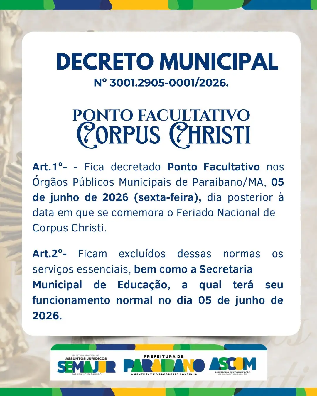 Prefeitura de Psraibano divulga decreto de Ponto Facultivo de Corpus Christi.
