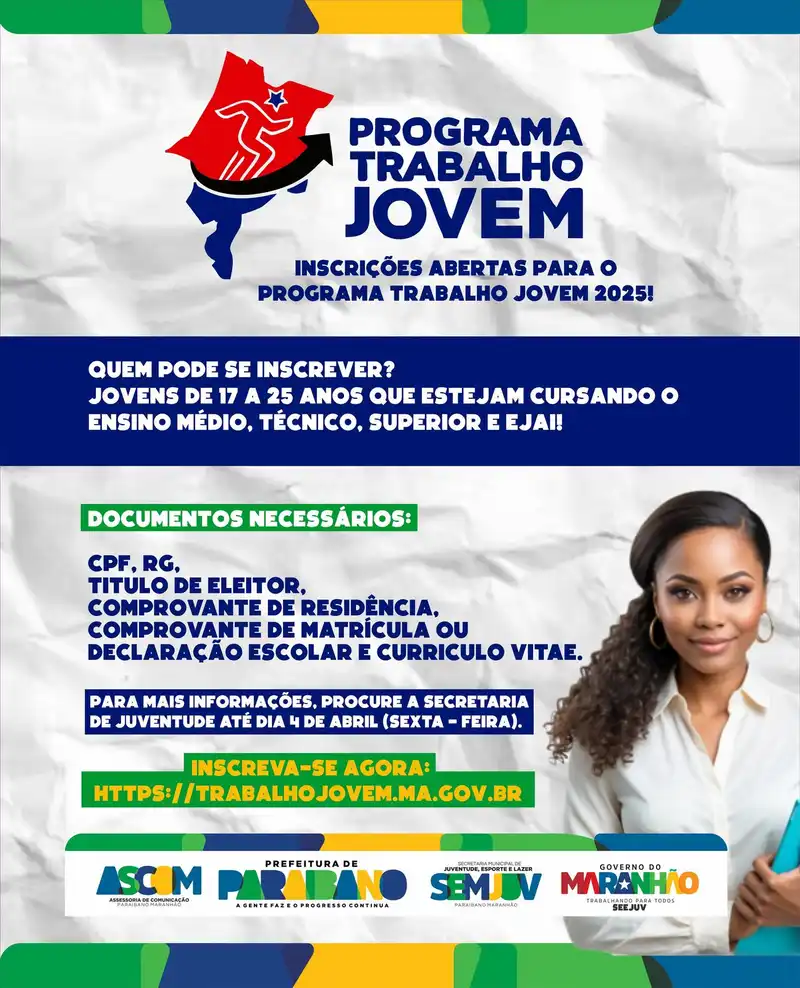 Prefeitura de Paraibano divulga inscrições para o Programa Trabalho Jovem 2025