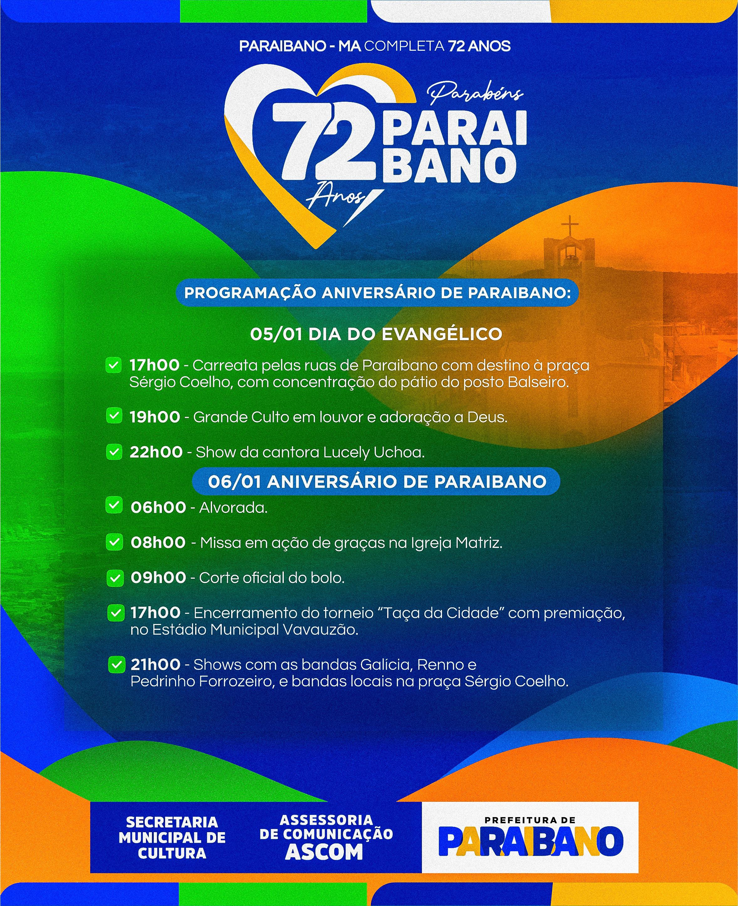 Foto 1 – Prefeitura de Paraibano anuncia programação para comemoração dos 72 anos de Paraibano.