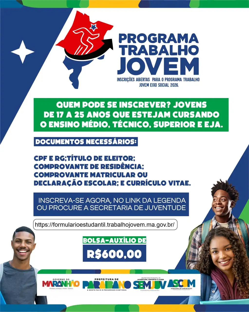 Prefeitura de Paraibano divulga incrições abertas para o Programa Trabalho Jovem – Eixo Estágio Social