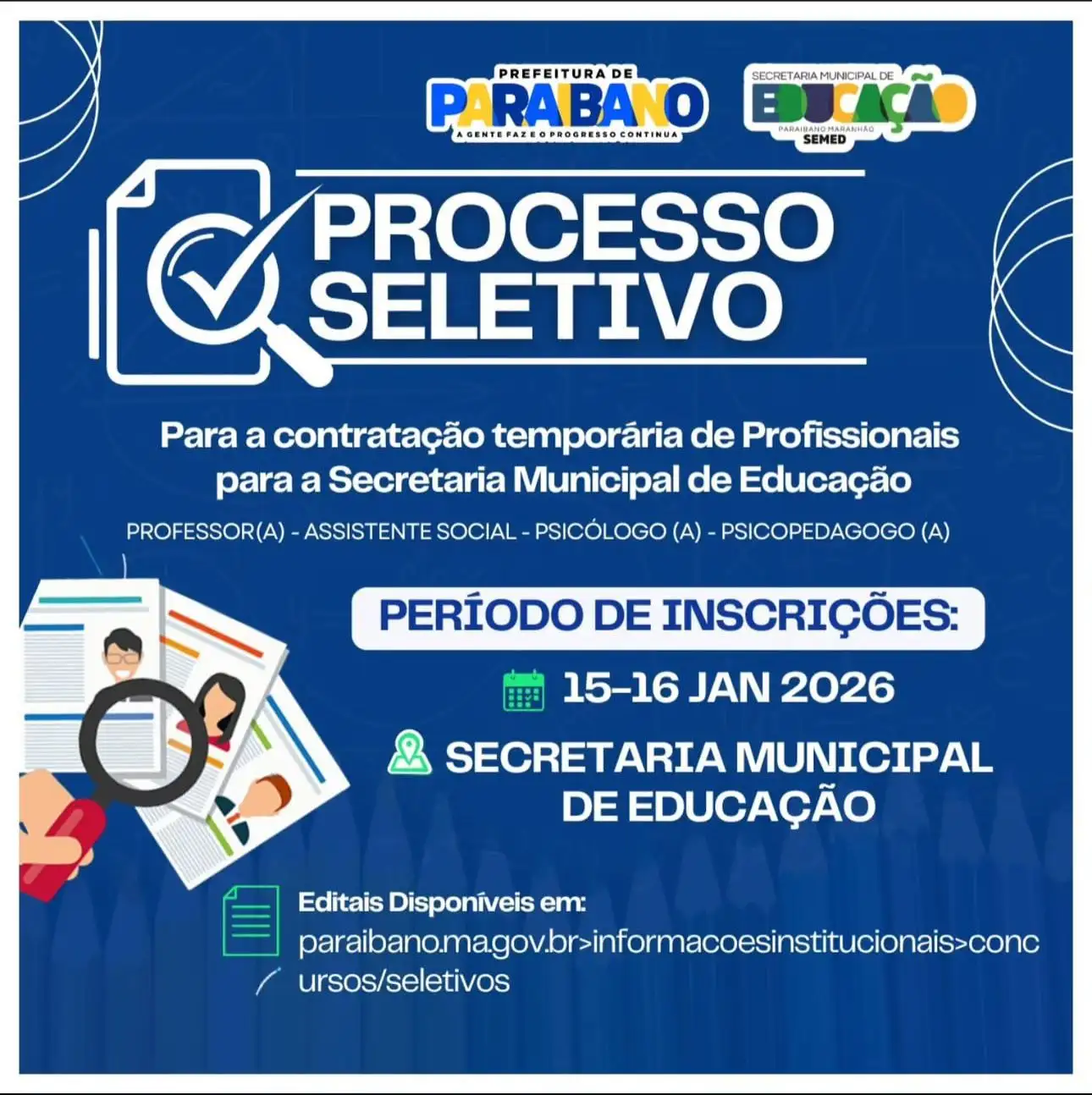 Processo Seletivo é aberto para contratação temporária na Educação de Paraibano