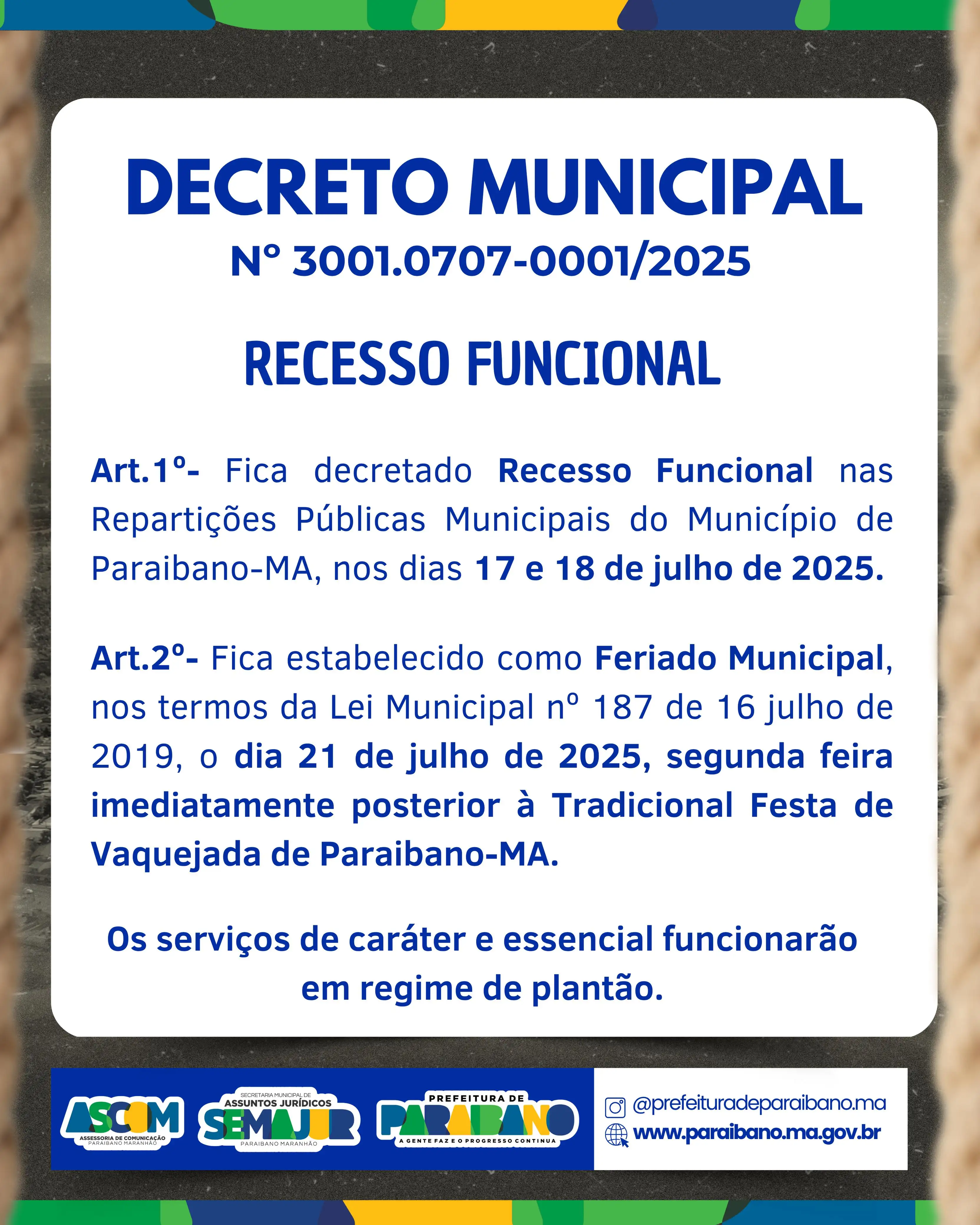 Prefeitura de Paraibano divulga decreto de Recesso Funcional.