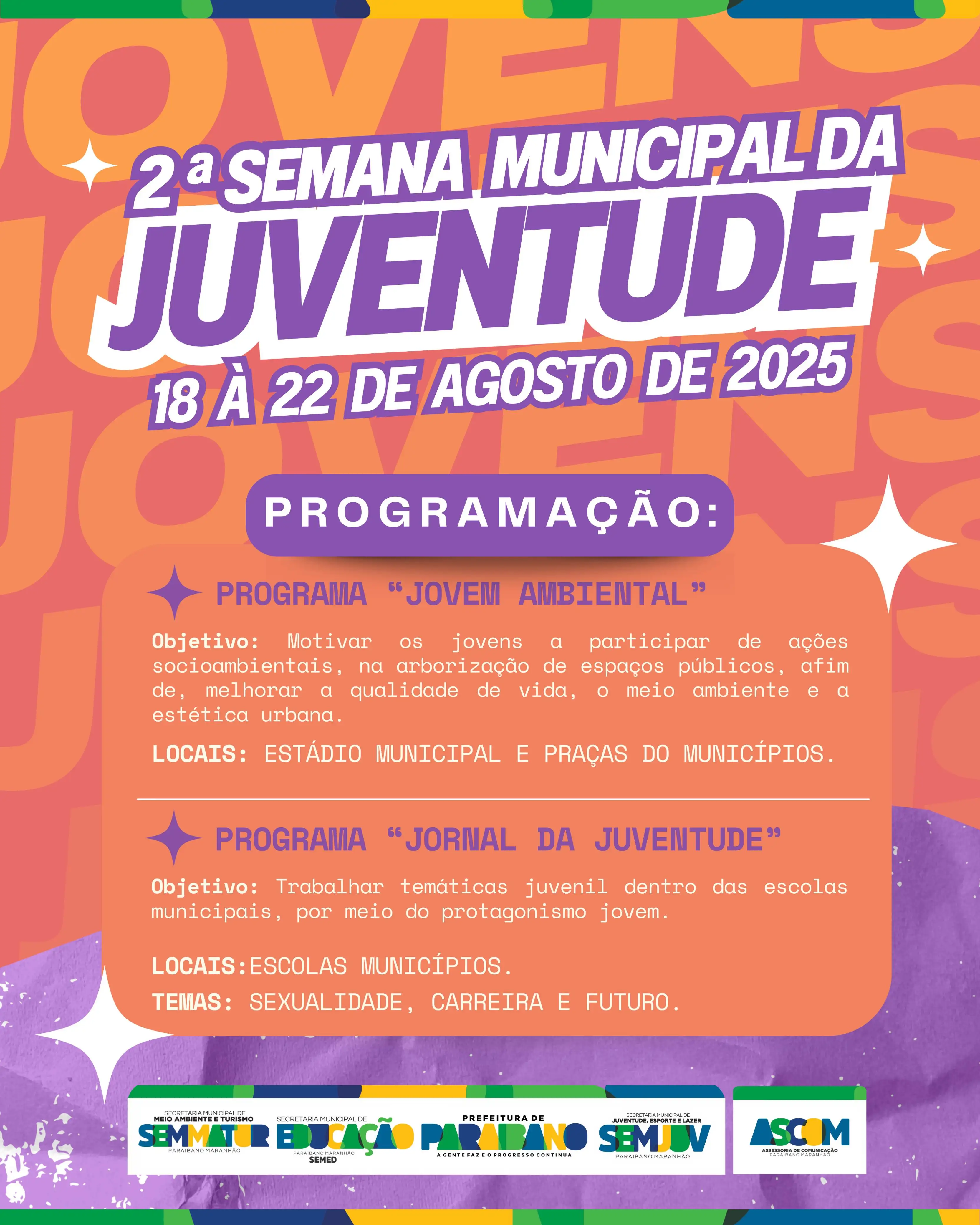Prefeitura divulga realização da 2ª Semana Municipal da Juventude.