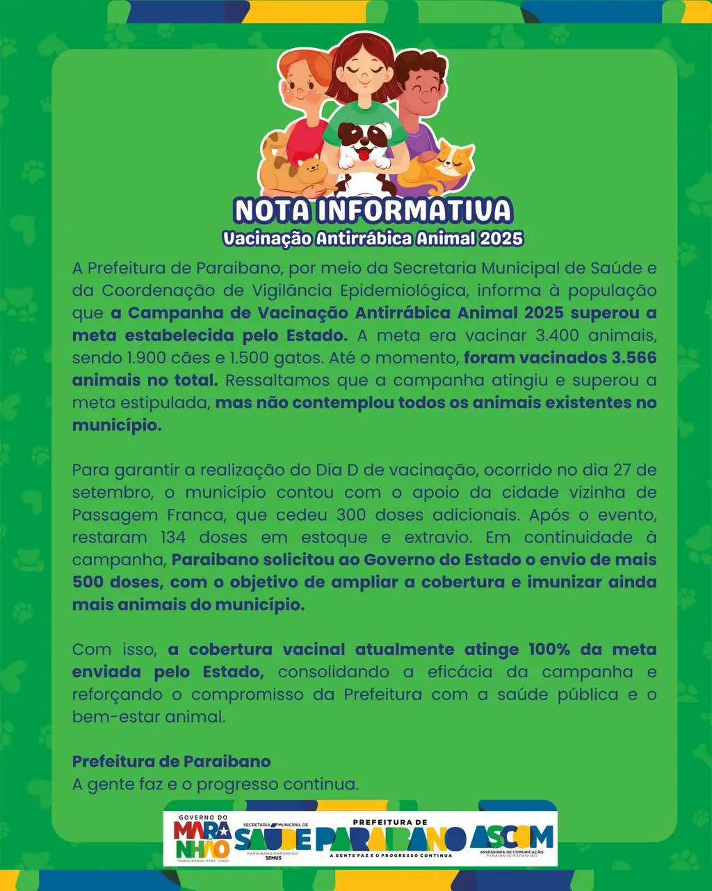 Prefeitura de Paraibano ultrapassou a meta estadual da Campanha de Vacinação Antirrábica 2025!