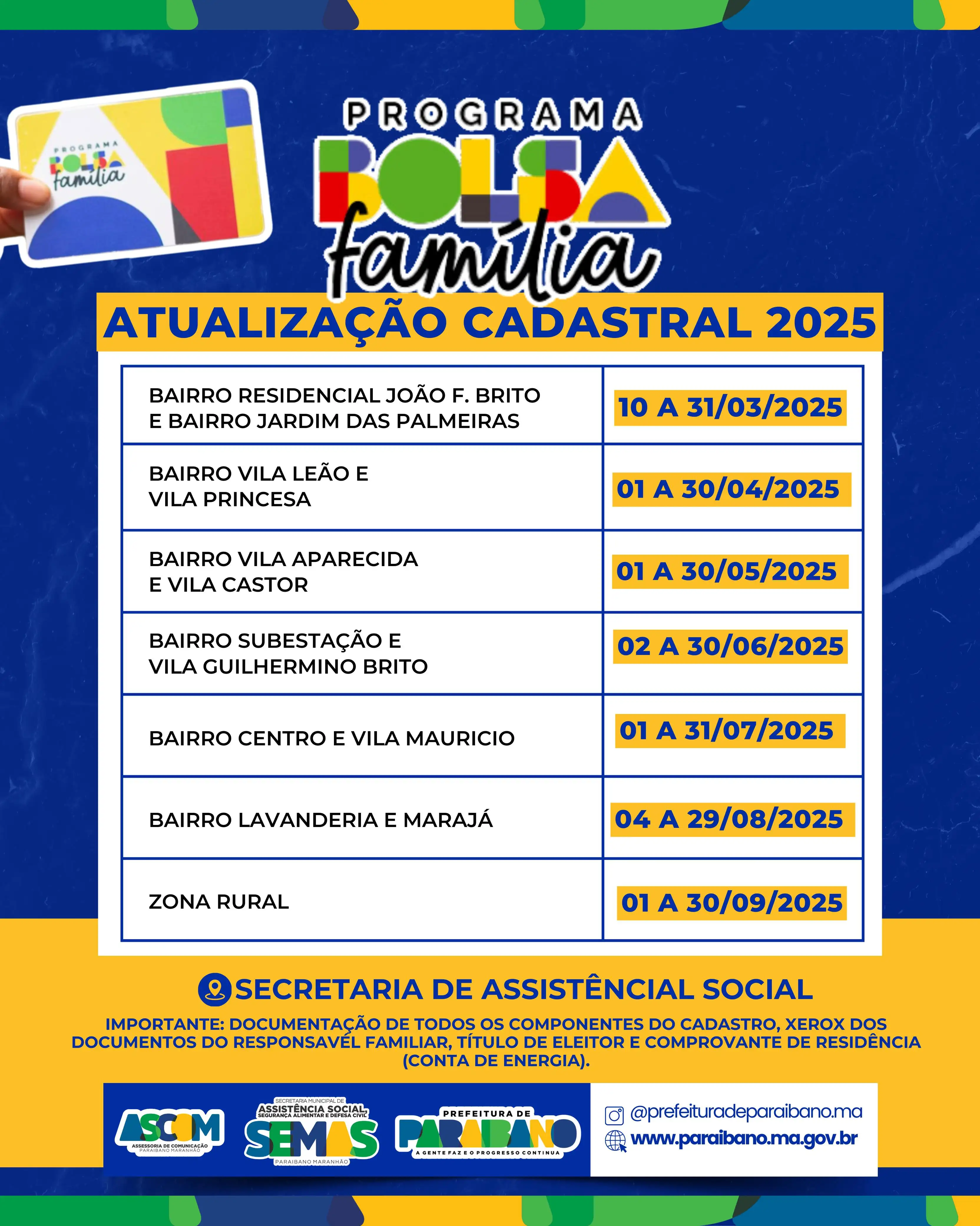 Prefeitura divulga datas para Atualização cadastral do Programa Bolsa Família.