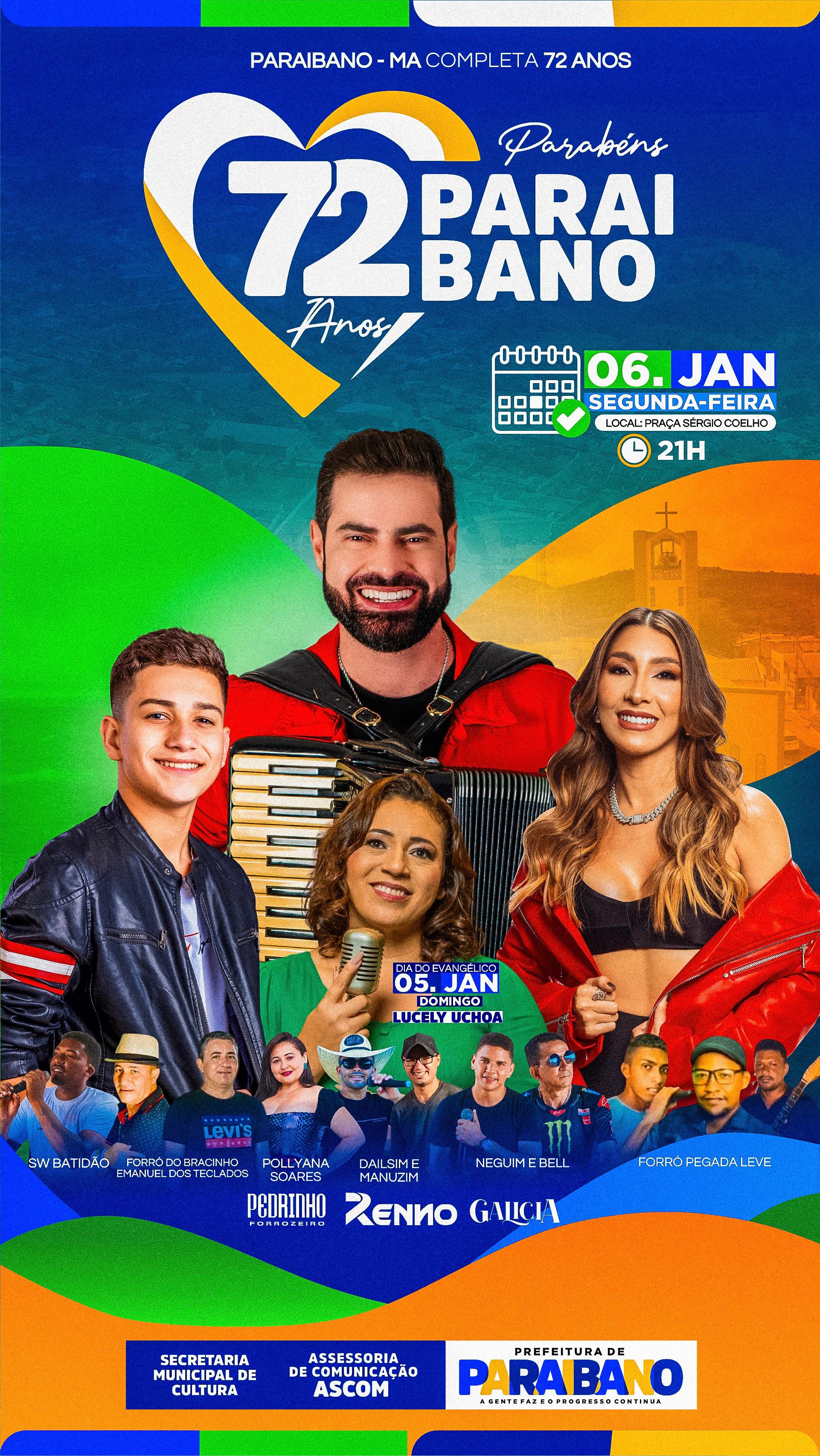 Prefeitura de Paraibano anuncia programação para comemoração dos 72 anos de Paraibano.