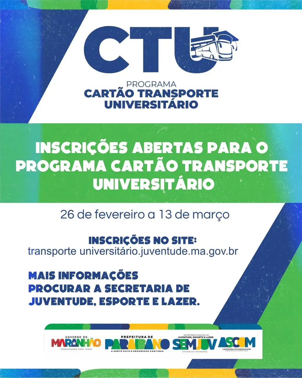 Gestão Municipal divulha que estão abertas as inscrições para o Programa Cartão Transporte Universitário (CTU).