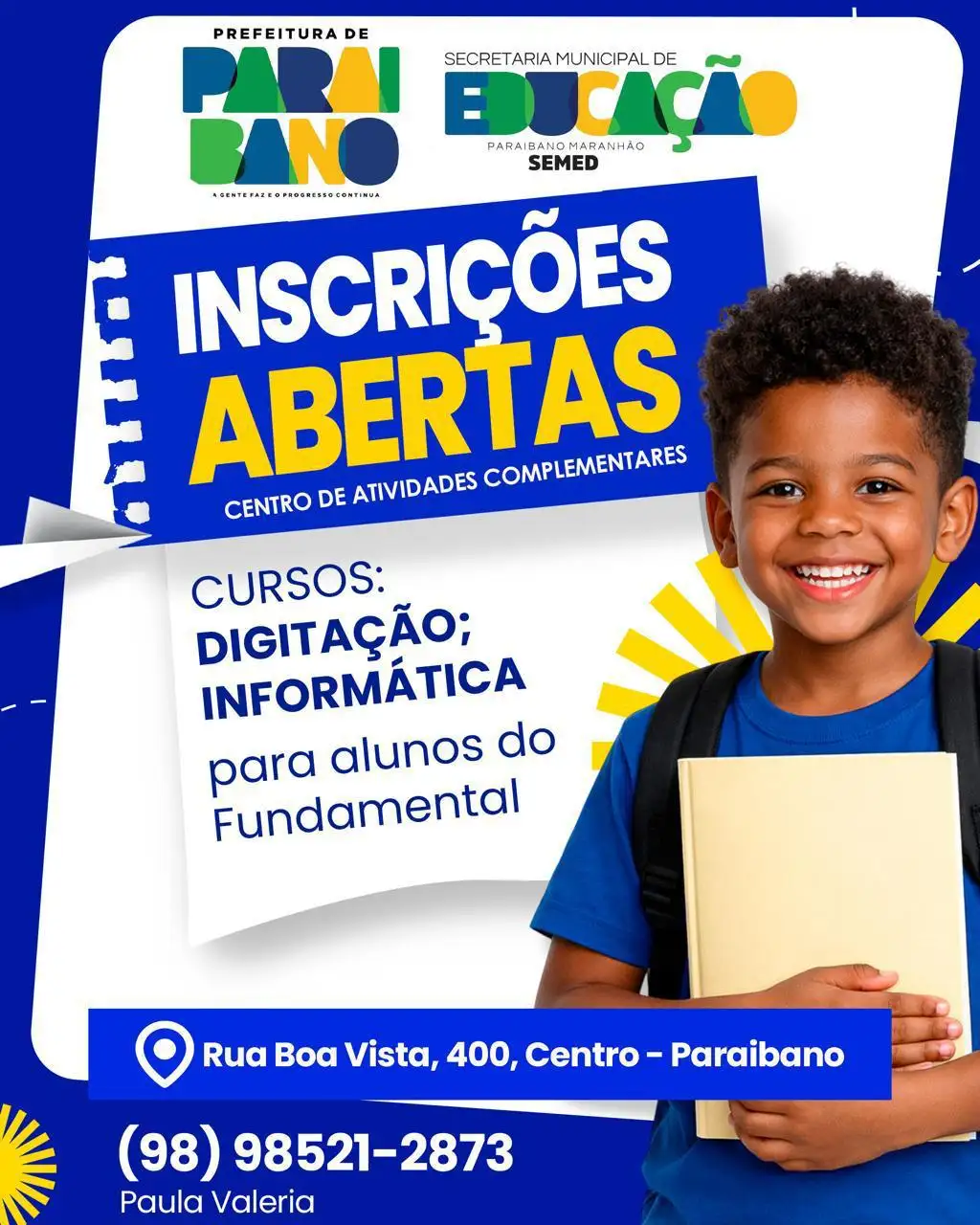 Secretaria de Educação divulga inscrições abertas para cursos de Digitação e Informática.