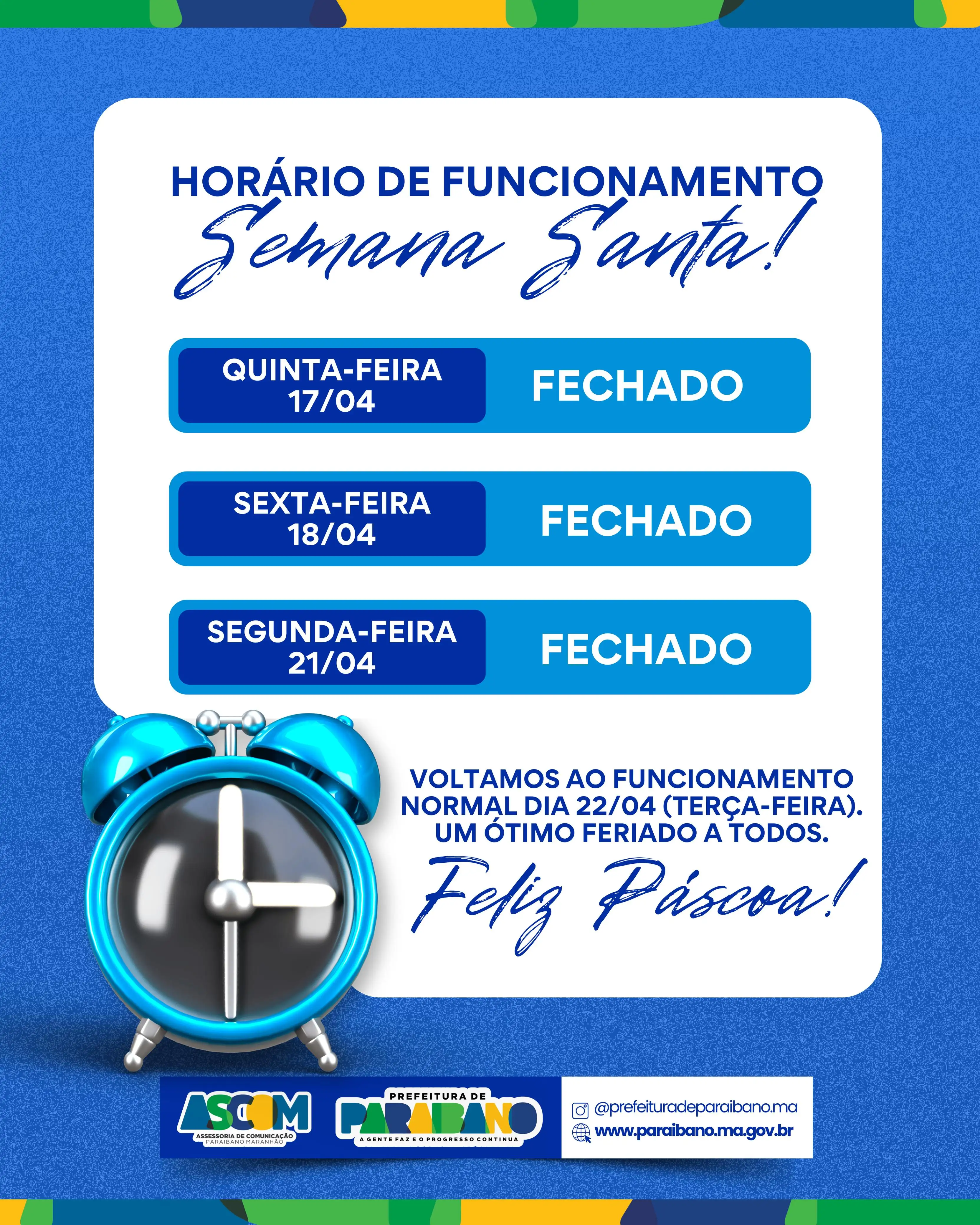 Prefeitura de Paraibano divulga horário de funcionamento da Semana Santa.
