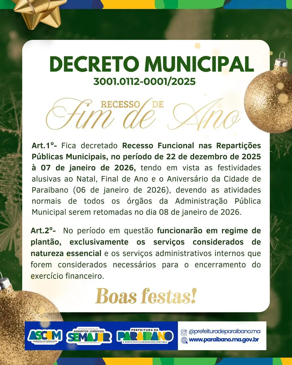 Prefeitura de Paraibano divulga decreto de recesso de fim de ano.