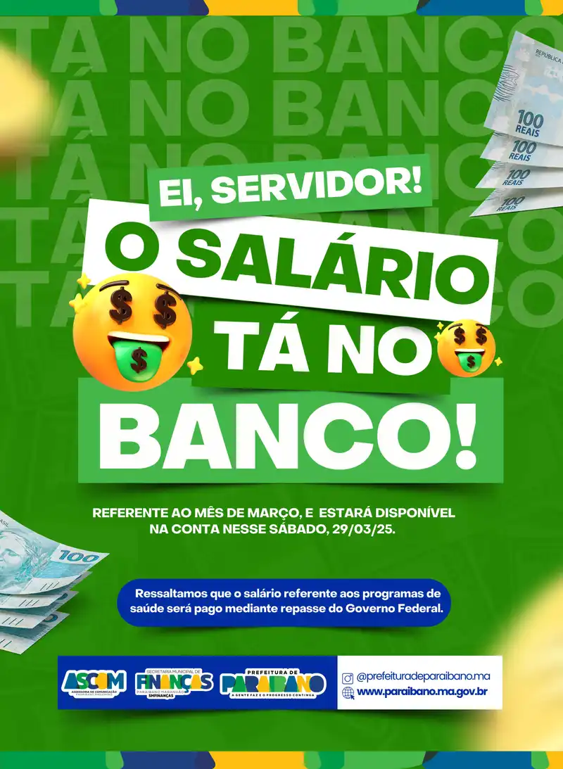 Prefeitura de Paraibano anuncia pagamento dos servidores referente ao mês de março.