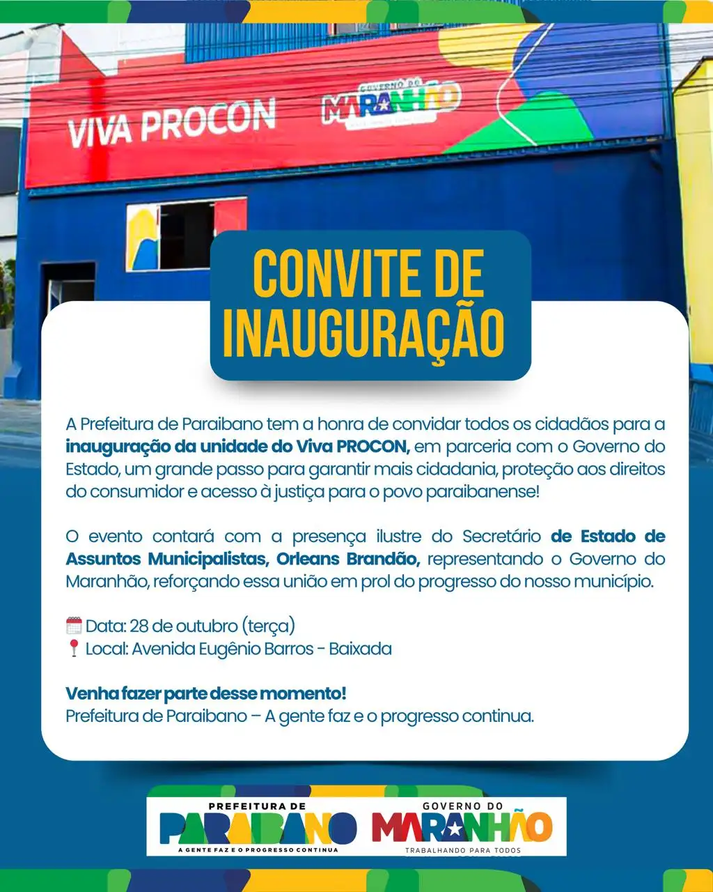 Prefeitura de Paraibano convida todos os cidadãos para a inauguração oficial da nova unidade do Viva PROCON