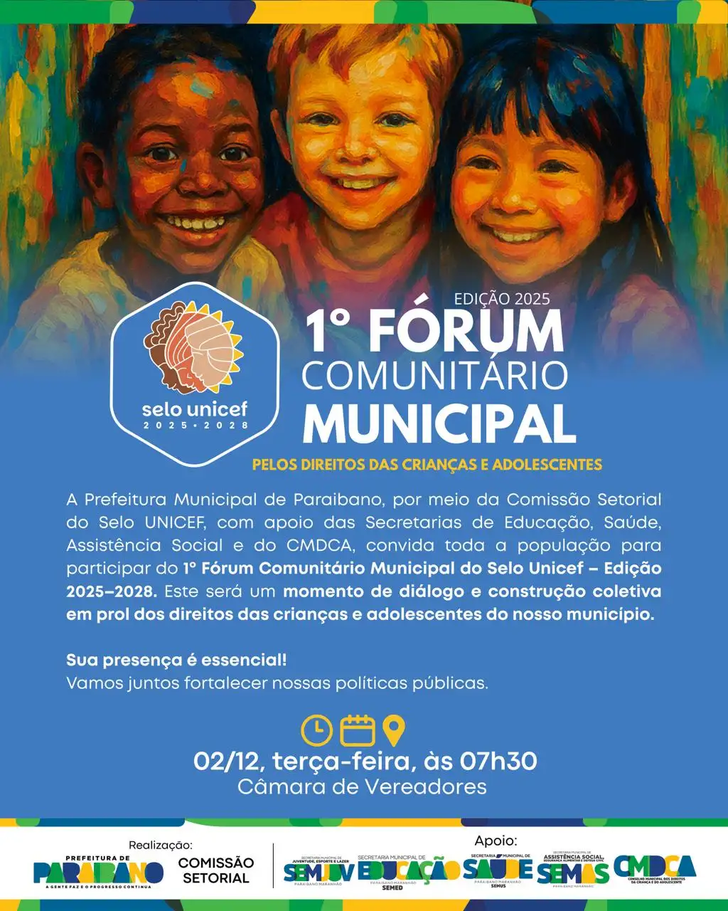Prefeitura Municipal convida todos para participarem do 1º Fórum Comunitário Municipal do Selo UNICEF– Edição 2025-2028