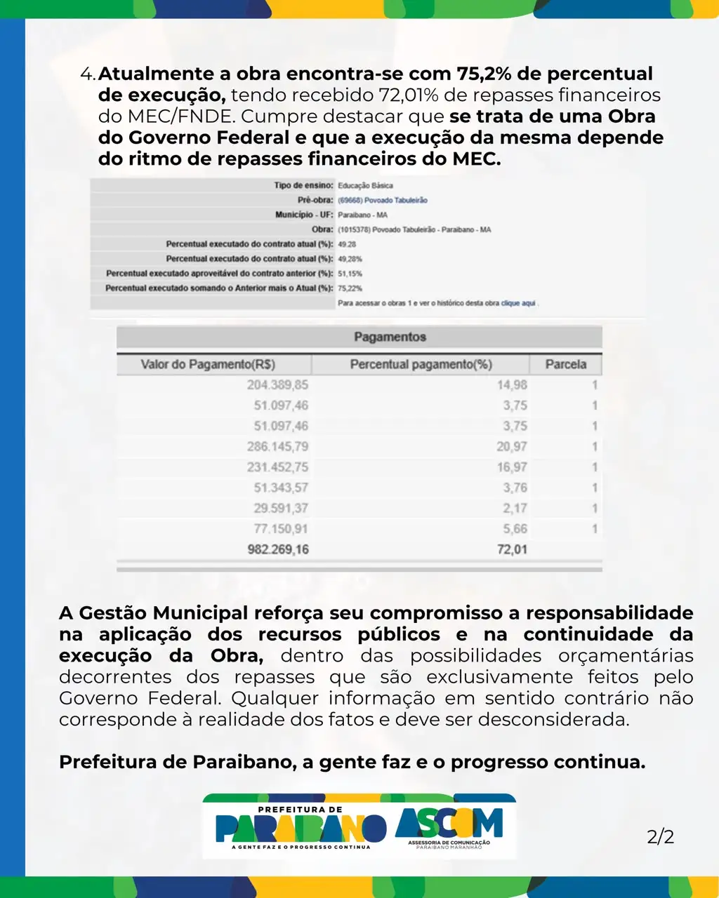 Foto 1 – Governo Municipal divulga nota de esclarecimento sobre a obra da Escola de 06 Salas do Povoado Taboleirão.