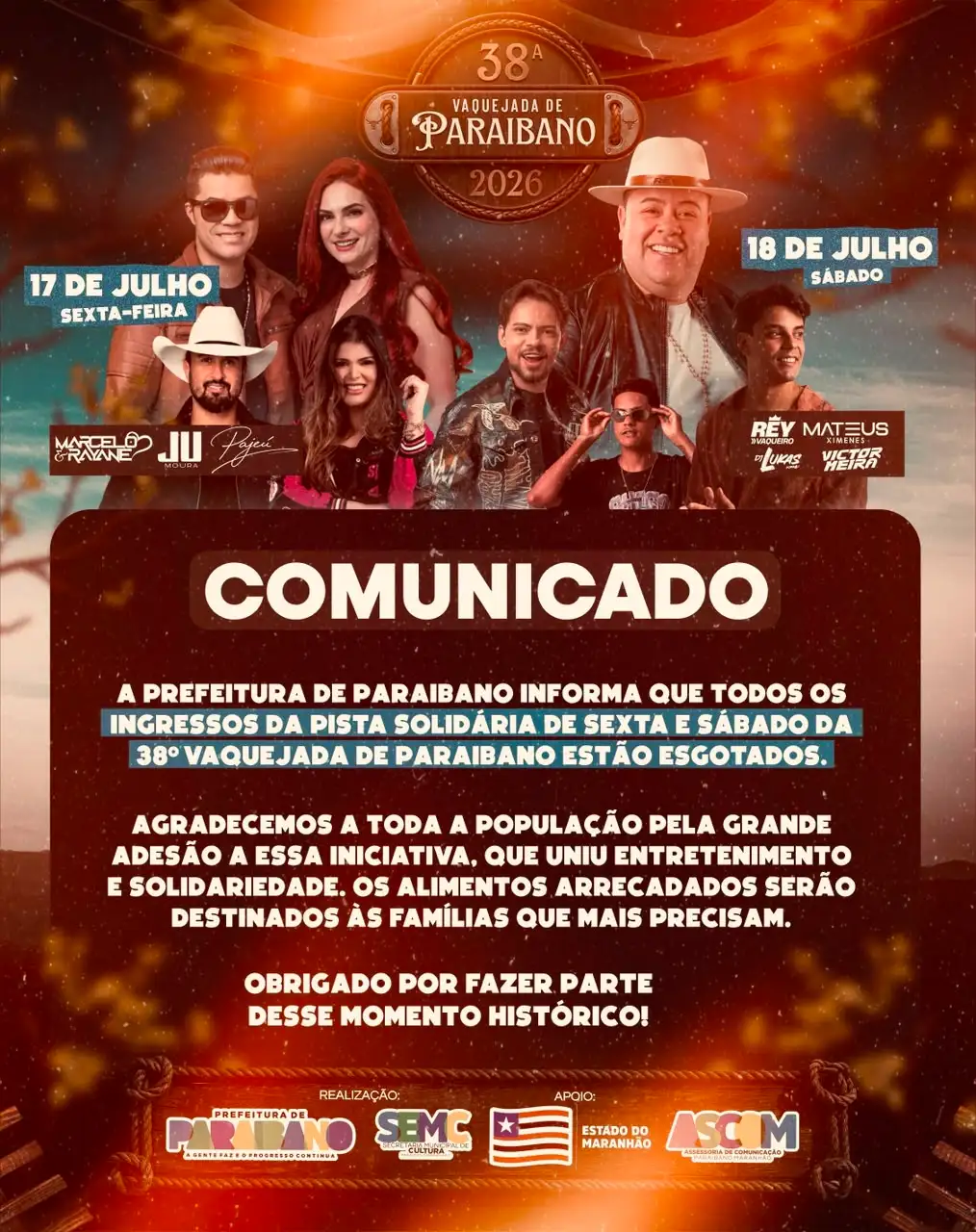 Prefeitura divulga que os ingressos da Pista Solidária para sexta-feira e sábado estão oficialmente esgotados.